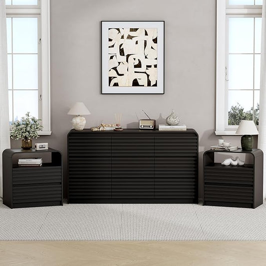 Dresser and Nightstand Sets for Bedroom, 3 Pcs Bedroom Set, Fluted 9 Drawer Dresser with Curved Profile and Night Stand Set of 2 with Charging Station, Wood Chest of Drawers Storage Cabinet Set, Black