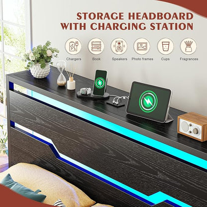 Homkdom Full Size Bed Frame with 900LBS Heavy-Duty Metal Slats,USB Ports & LED Lights,Headboard Shelf, 10.24” Underbed Storage, Noise-Free, No Box Spring Needed, Modern Black