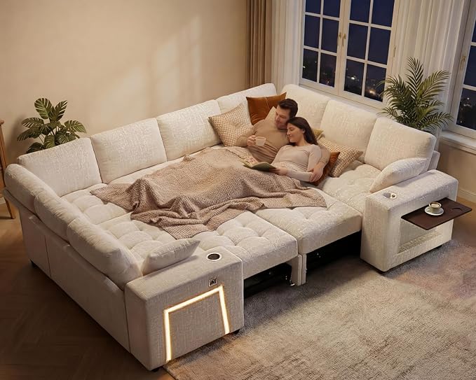 Vipbear 111" Modular Sectional Sleeper Sofa with Pull Out Bed, 8 Seat Chenille U Shaped Couch with 2 Pull-Out Beds|USB Ports|Cup Holders|Side Table|LED Light, Tool Free Assembly, Beige
