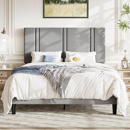 Allewie Full Size Platform Bed Frame with Adjustable Headboard, Plush Velvet Upholstered, Vertical Channel Tufted, Sturdy Wooden Slats, No Box Spring Needed, Easy Assembly, Grey