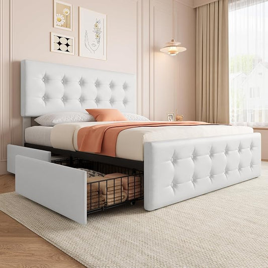 IDEALHOUSE Full Size Bed Frame with 4 Storage Drawers and Headboard, Faux Leather Upholstered Platform Bed Frame with Wooden Slats Support, Button Tufted Design, No Box Spring Needed, White