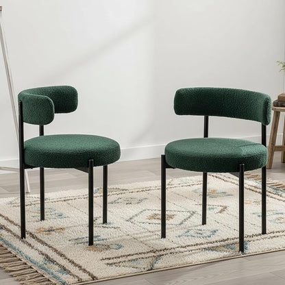 Boucle Dining Chairs Set of 2, Green Dining Chairs with Upholstered Seat and Round Back, Mid-Century Modern Kitchen Chairs for Dining Room, Restaurant