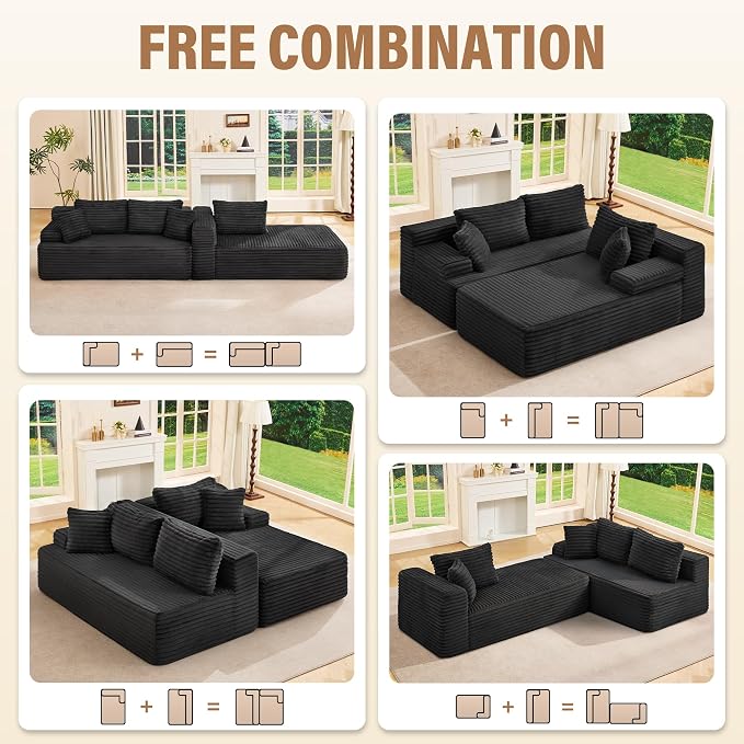 Hobestluk Boneless Couch Modular Sectional Sofa L-Shape Oversized Chaise | 108" Right Facing Chaise Charcoal,Memory Foam,Removable Cover,Non-slip Bottom,No Assemble Required,Living Room Furniture