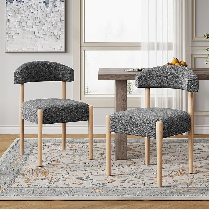 VKNOW Wooden Dining Chairs Set of 2 with Curved Open Back, Black | Natural Rubberwood Legs, Soft Chenille Fabric, Thickened Cushion, For Adults and Family, Dining Room, Kitchen, No Wobble