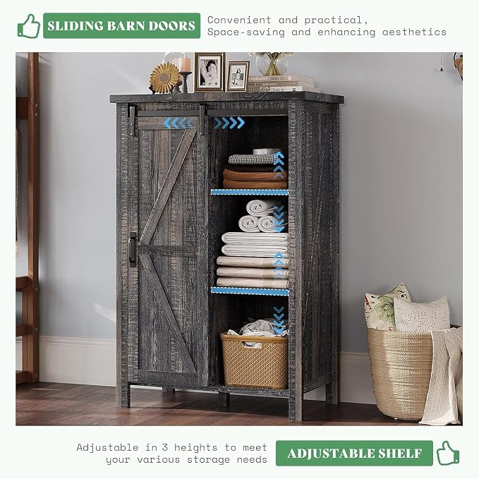 AMERLIFE 3-Piece Farmhouse Bedroom Furniture Set with Storage Cabinet and 2 Nightstands, Sliding Barn Door Wood Cabinet Set for Bedroom, Entryway, Black Oak