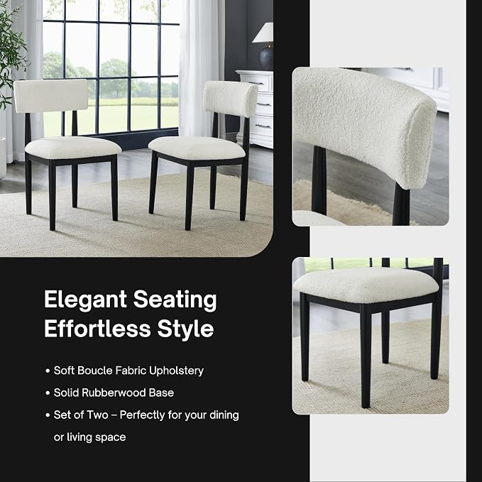 Roundhill Furniture Ellis Boucle Upholstered Dining Chairs, Set of 2, White/Matte Black