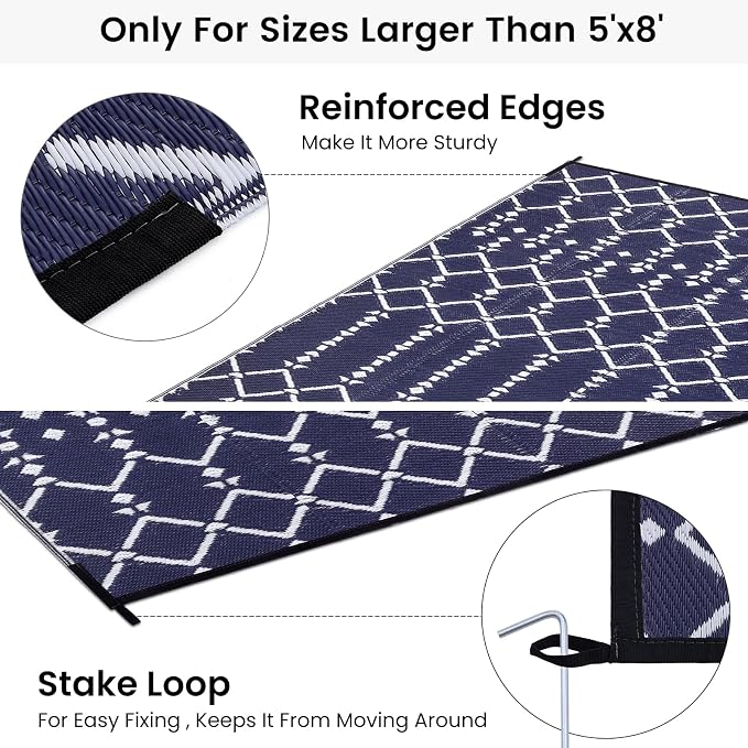 Smiry Outdoor Rug 8x10 ft, Waterproof Reversible Plastic Straw Rugs, Boho Outdoor Area Rug, Outside Floor Mat for Patio, Backyard, Deck, Picnic, Beach, Camping, Navy