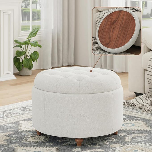 25Inch Round Ottoman with Storage, Tufted Fabric Modern Circle Ottoman with Reversible Tray Lid and Wood Legs, Multi-Functional Small Coffee Table for Living Room, Bedroom, Beige