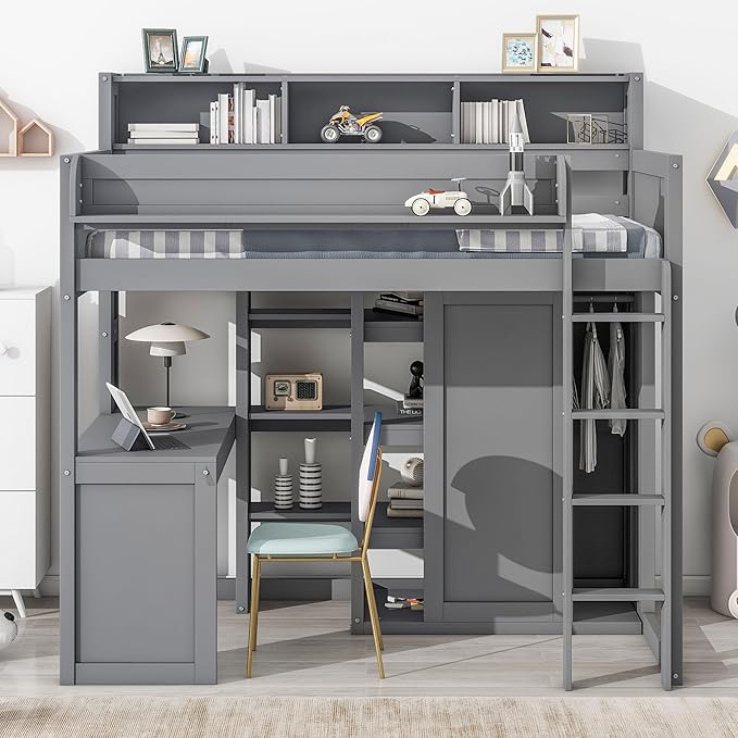 Ball & Cast Twin Size Loft Bed with Stair & Safety Guardrail,Wood Bedframe with Storage Drawer,2 Wardrobes & Mirror,Space Saving,No Box Spring Needed,Versatile Bedroom Furniture for Boys Girls,Gray