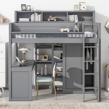 Ball & Cast Twin Size Loft Bed with Stair & Safety Guardrail,Wood Bedframe with Storage Drawer,2 Wardrobes & Mirror,Space Saving,No Box Spring Needed,Versatile Bedroom Furniture for Boys Girls,Gray