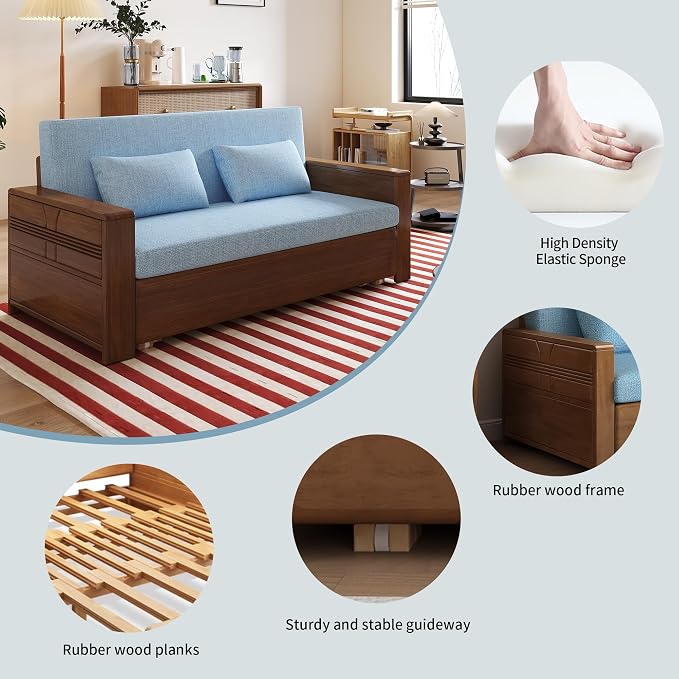 71" Queen Convertible Sofa Sleeper, 3-in-1 Sectional Sofa Bed with Reversible Chaise, Blue Cushions,Solid Wood Frame, Pull Out Couch for Living Room Apartment Bedroom Office