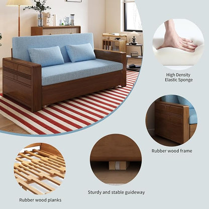 71" Queen Convertible Sofa Sleeper, 3-in-1 Sectional Sofa Bed with Reversible Chaise, Blue Cushions,Solid Wood Frame, Pull Out Couch for Living Room Apartment Bedroom Office