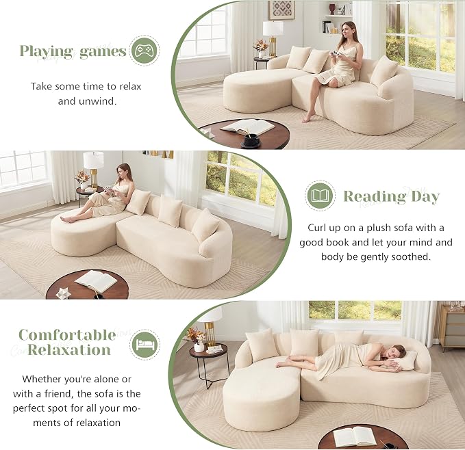 99" Curved Sofa with L-Shape Chaise,Modern Cloud Curved Couch with Deep Seat,No Assembly Required,Upholstered Oversized Couches for Living Room,Apartment (Beige, 99Inch)