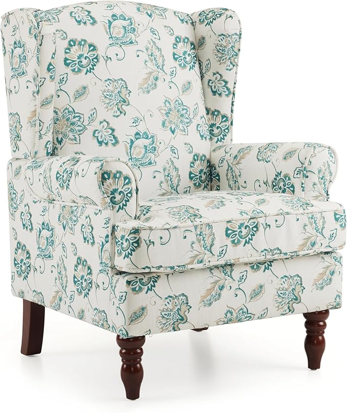 EROMMY Floral Accent Chair, Comfortable High Back Upholstered Armchair with Solid Wood Legs, Leisure Single Sofa Chair for Living Room, Home Office, Bedroom, Light Cyan Floral