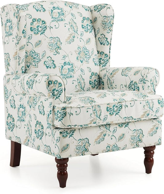 EROMMY Floral Accent Chair, Comfortable High Back Upholstered Armchair with Solid Wood Legs, Leisure Single Sofa Chair for Living Room, Home Office, Bedroom, Light Cyan Floral