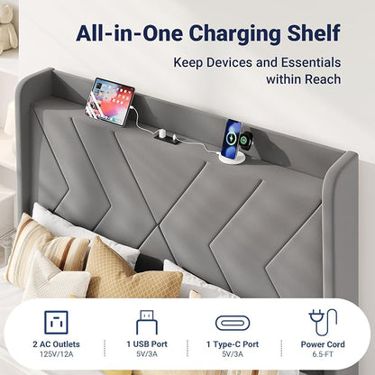 Allewie Full Size Platform Bed Frame with Charging Station and Storage Shelf/Upholstered Velvet Wingback Headboard/Wooden Slats Support/No Box Spring Needed/Easy Assembly, Grey