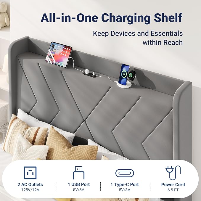 Allewie Queen Size Platform Bed Frame with Charging Station and Storage Shelf/Upholstered Velvet Wingback Headboard/Wooden Slats Support/No Box Spring Needed/Easy Assembly, Grey