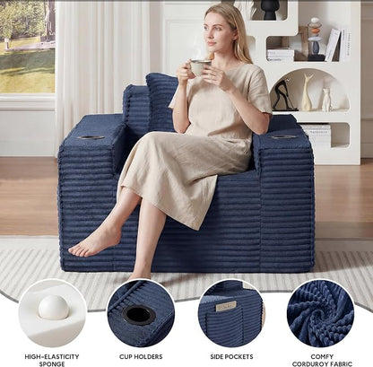 Boneless Sofa Couch with Cup Holders & Side Pockets, Modern Corduroy Fabric Deep Seat Single Cloud Couch for Reading Living Room Office, No Assembly (Blue)