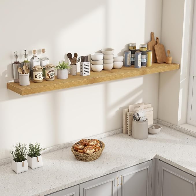 Fun Memories 72 Inch Fireplace Mantel Shelf, 10 Inch Deep Shelves for Display & Wall Storage, Rustic Wood Wall Shelf, Extra Long Floating Shelves for Living Room Laundry Room, Oak, Set of 2
