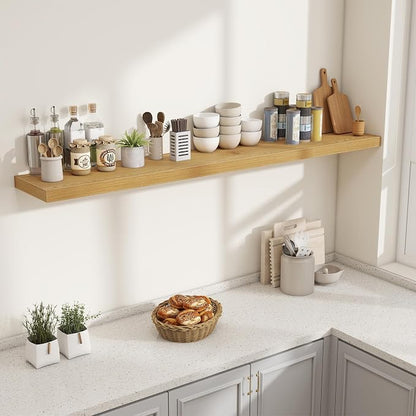 Fun Memories 72 Inch Fireplace Mantel Shelf, 10 Inch Deep Shelves for Display & Wall Storage, Rustic Wood Wall Shelf, Extra Long Floating Shelves for Living Room Laundry Room, Oak, Set of 2