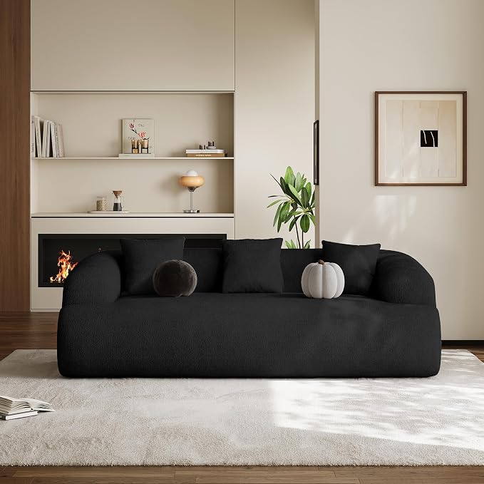 Oversized Sectional Sofa for Living Room, Modern Luxury Plush Chenille 3-Seater Extra Deep & Wide Seat Curved Cloud Couch with 3 Throw Pillows, No Assembly Needed, Black（91 inch）