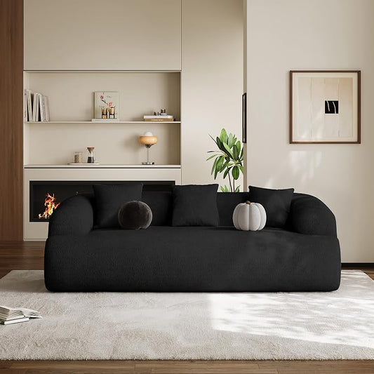 Oversized Sectional Sofa for Living Room, Modern Luxury Plush Chenille 3-Seater Extra Deep & Wide Seat Curved Cloud Couch with 3 Throw Pillows, No Assembly Needed, Black（91 inch）