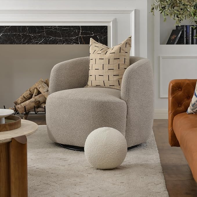 KINWELL 34" Wide Boucle Swivel Barrel Chair, No Assembly Round Upholstered Armchair Accent Chair Single Sofa Chair with Toss Pillow for Living Room and Bedroom, Taupe