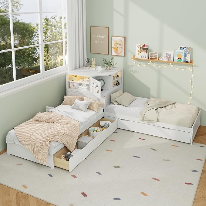 Merax L-Shaped Combination Twin Bed Frame with Trundle,Drawer,Built-in Desk and Led Downlight,3-in-1 Design for Bedroom