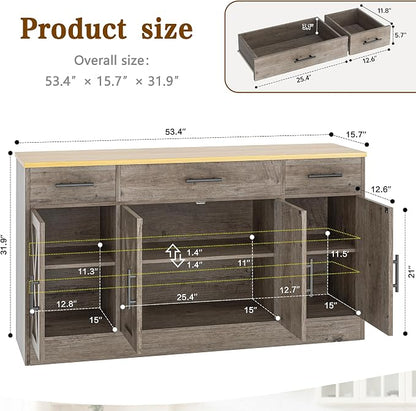 Vongrasig Buffet Cabinet with Drawers, 53” Large Sideboard Buffet Kitchen Storage Cabinet, Modern Farmhouse Coffee Bar with Shelves and Doors, Wood Buffet Table for Kitchen, Dining Room, Ash Grey