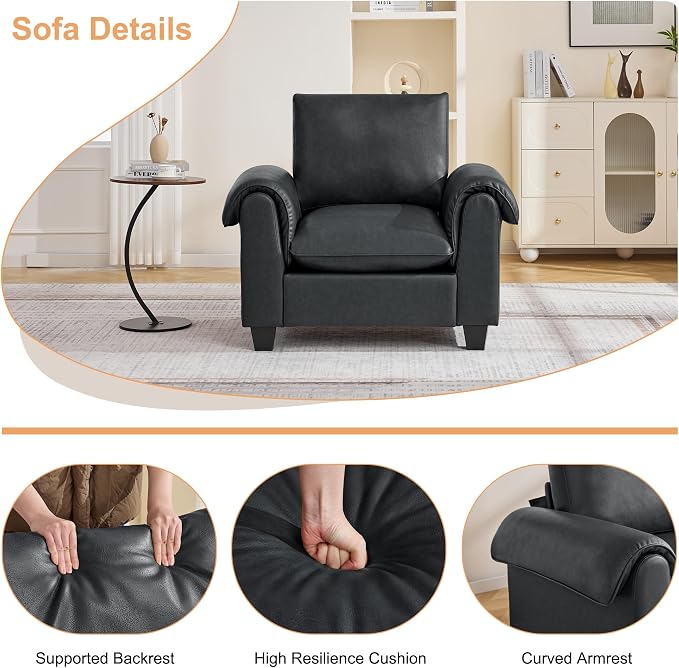 44.5" Faux Leather Single Sofa Sofa, Oversized Accent Chair with Curved Armrests, Cloud Modern Sofa Upholstered Deep Seat Reading Chair Armchair for Living Room, Bedroom，Black