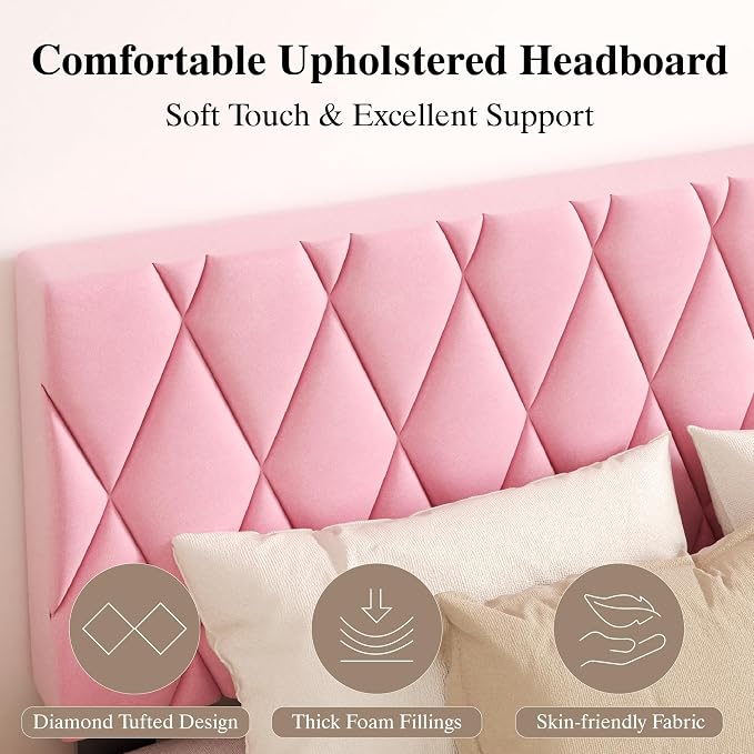 CXVX Full Size Bed Frame with Diamond Tufted Headboard, Velvet Upholstered Platform Bed and Wooden Slat Support, Noise-Free, No Box Spring Needed, Easy Assembly, Pink