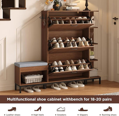 Maupvit Narrow Shoe Cabinet with Bench for Entryway, 3 Flip Louvered Doors & Side Storage Cabinet, 44" H Shoes Organizer with Upholstered Seat & Hooks for Front Door Entrance, Walnut