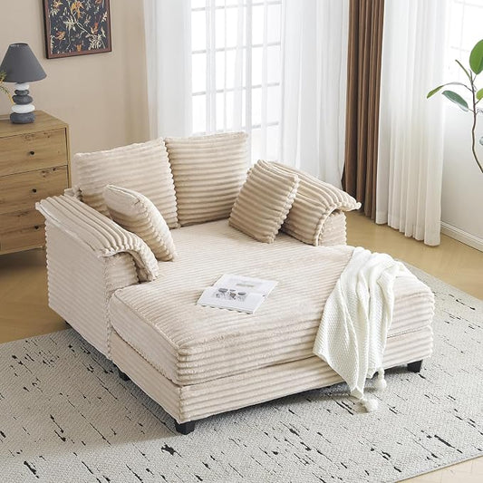 VINGLI 56" Oversized Chaise Lounge Chair, Beige Comfy Corduroy Chaise Sofa Recliner Bed Upholstered Sleeper Couch Bed with Throw Pillows and Armrests for Living Room, Movie Room, Bedroom