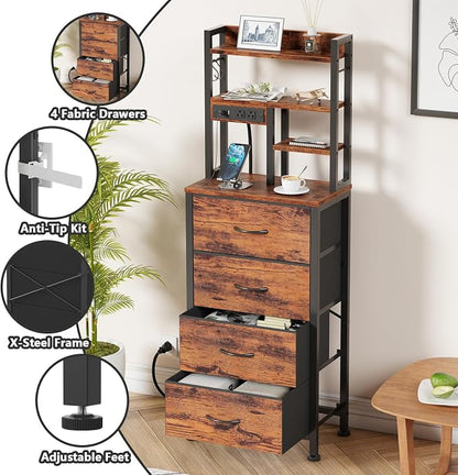 Furnulem Tall Night Stand, LED Nightstand with Charging Station and USB Ports, 4 Fabric Drawers and 4 Tier Storage Shelf, Bedside Table for Bedroom, Home, Dorm, Office (Rustic Brown)