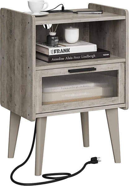 MMEOLUOOK Nightstand with Charging Station, Bedside Tables Oak Grey End Table Side Table with 2 Tiers Storage Space, for Bedroom Living Room MLBZ07GE