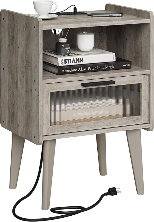 MMEOLUOOK Nightstand with Charging Station, Bedside Tables Oak Grey End Table Side Table with 2 Tiers Storage Space, for Bedroom Living Room MLBZ07GE