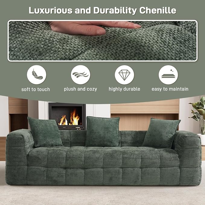 89.8" Boneless Couch,Comfy Cloud Sectional Sofa with Deep Seat,Modern Upholstered Chenille Love Seat Sofa, Oversized Couches for Living Room, No Assembly Required Tufted Sofas, Green