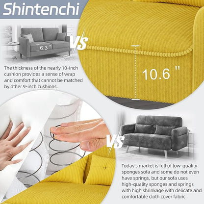 Shintenchi 48'' Loveseat Sofa, Mid-Century Modern Upholstered Couch Deep Seat with 2 Pillows, 10" Thick Cushion with Spring, Solid Wood Frame Small Couch for Living Room, Dorms & Office, Yellow