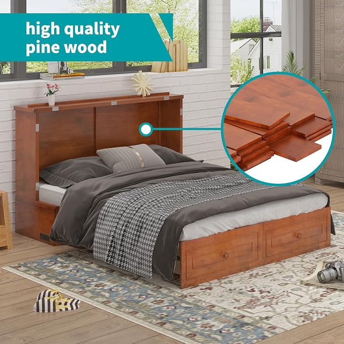 BALUS Murphy Bed, Queen Cabinet Bed with Tri-Fold Memory Foam Mattress, Modern Adults Guest Room Murphy Chest Cube Beds with Built-in Charging Station and Storage Drawers for Bedroom Apartment, Cherry