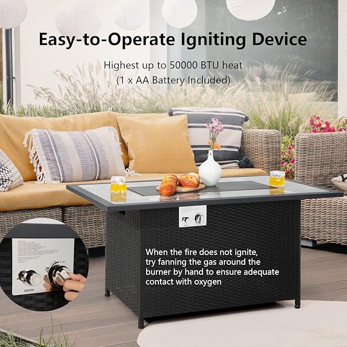 COSTWAY 52" Patio Propane Fire Pit Table, 50,000 BTU Outdoor Fire Table, Electric Pulse Ignition, Marble Tabletop & Weatherproof Rattan, Protective Cover Included, Perfect for Backyard, Poolside