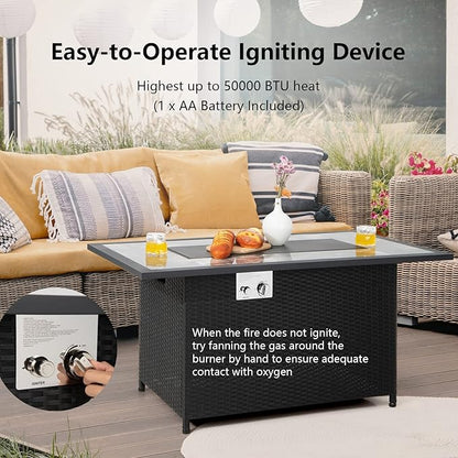 COSTWAY 52" Patio Propane Fire Pit Table, 50,000 BTU Outdoor Fire Table, Electric Pulse Ignition, Marble Tabletop & Weatherproof Rattan, Protective Cover Included, Perfect for Backyard, Poolside