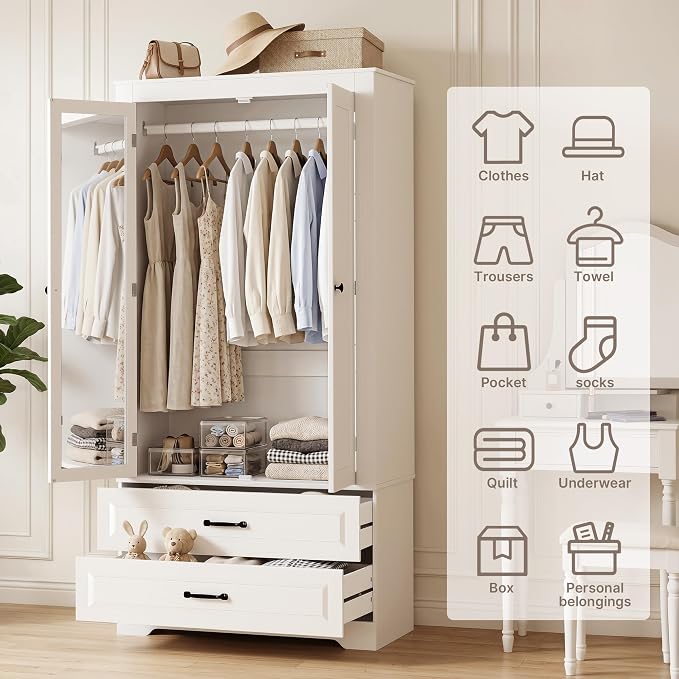 Gizoon Wooden Armoire Wardrobe with Full-Length Mirror & 2 Drawers, 2 Doors, Hanging Rod, Anti-tip, Adjustable Mirror Position (Left/Right), freestanding Wardrobe for Bedroom, White