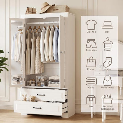 Gizoon Wooden Armoire Wardrobe with Full-Length Mirror & 2 Drawers, 2 Doors, Hanging Rod, Anti-tip, Adjustable Mirror Position (Left/Right), freestanding Wardrobe for Bedroom, White
