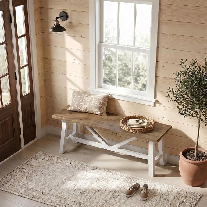 Wnutrees 43" Farmhouse Solid Wood Bench, Narrow Long Seat for Entryway Living Room Dining Area, White