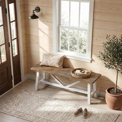 Wnutrees 43" Farmhouse Solid Wood Bench, Narrow Long Seat for Entryway Living Room Dining Area, White