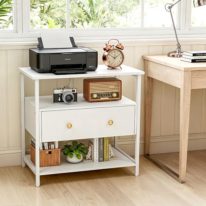 Edbuosy 27 Inch Wide Night Stand with Charging Station, Wood Nightstand with Open Shelf, Large Drawer Bedside Table for Living Room/Bedroom/Office, White