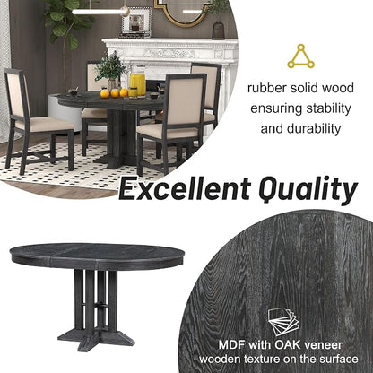 LUMISOL 42"-58" Extendable Round Dining Table for 4-6, Farmhouse Oval Kitchen Table with Removable Leaf for Kitchen, Dining Table, Small Space, Black