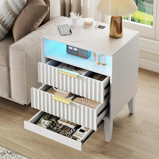 LVSOMT 24“ W Fluted LED Nightstand with Charging Station, RFID Lock, White | Bedside Table with Hidden Drawer, 2 Drawers, Open Cubby, Motion Sensor, USB and Type-C Ports, Night Stand for Bedroom