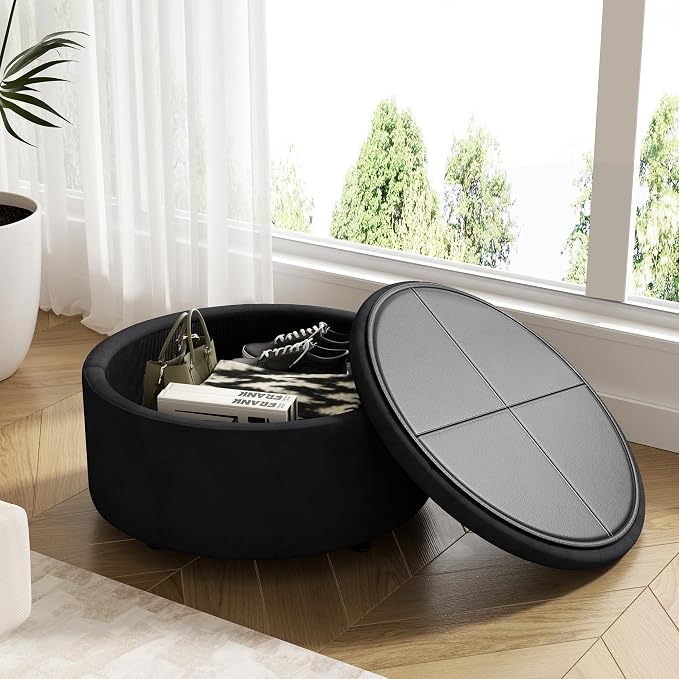 30 Inch Round Storage Ottoman,Modern Tufted Ottomans,Circular Coffee Table with Removable Top,Upholstered Large Ottoman with Storage Footrest Stool for Bedroom Living Room (Black)