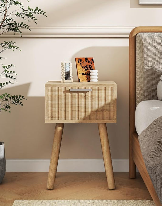 YMYNY Narrow Fluted Nightstand Set of 2, Small End Table, Modern Coffee Table with Drawer, Solid Wood Legs, Retaining Chain, for Bedroom and Small Spaces, Natural UHST014R-2